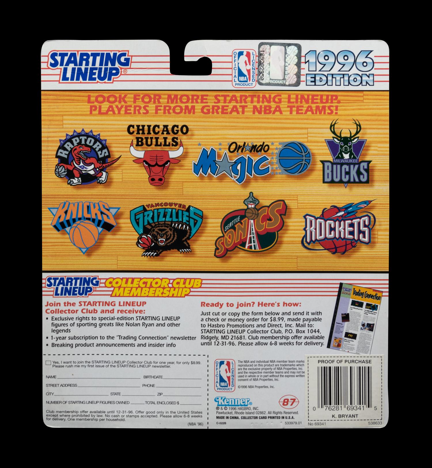 A 1996 Kenner Starting Lineup Extended Series Kobe Bryant Rookie Figure and Card No. 2