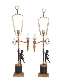 A Pair of Continental Gilt and Patinated Cast Metal Single-Light Candelabra Mounted as Lamps