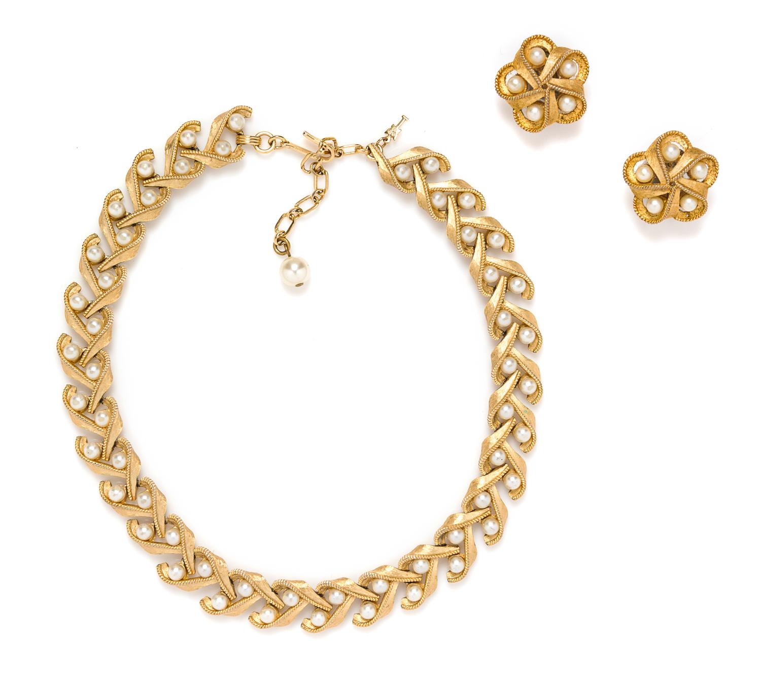 A Trifari Brushed Goldtone and Faux Pearl Choker, 15" x .5".