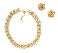 A Trifari Brushed Goldtone and Faux Pearl Choker, 15" x .5".
