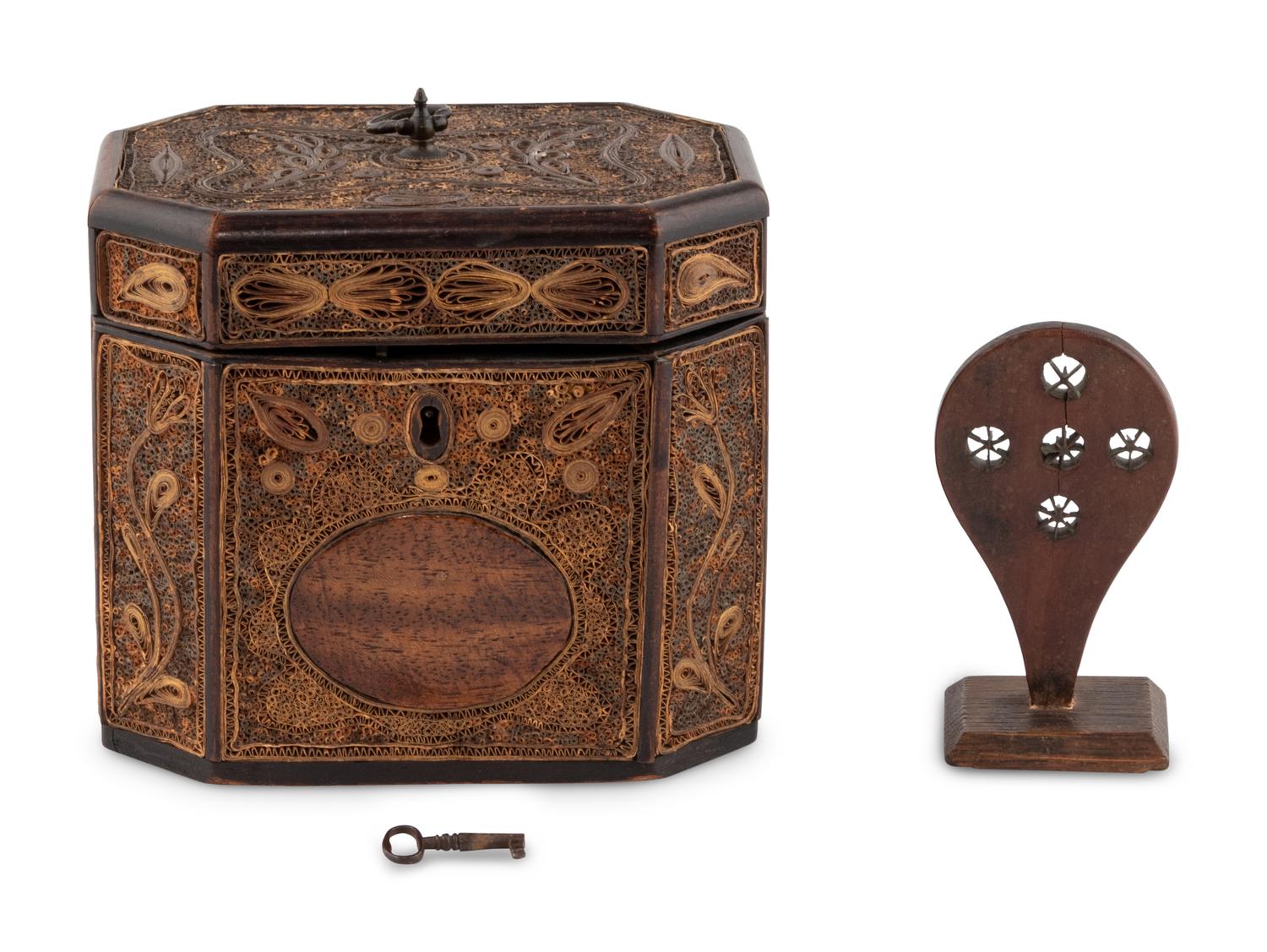 A George III Rolled Paper Tea Caddy and A Basket Splint Guide