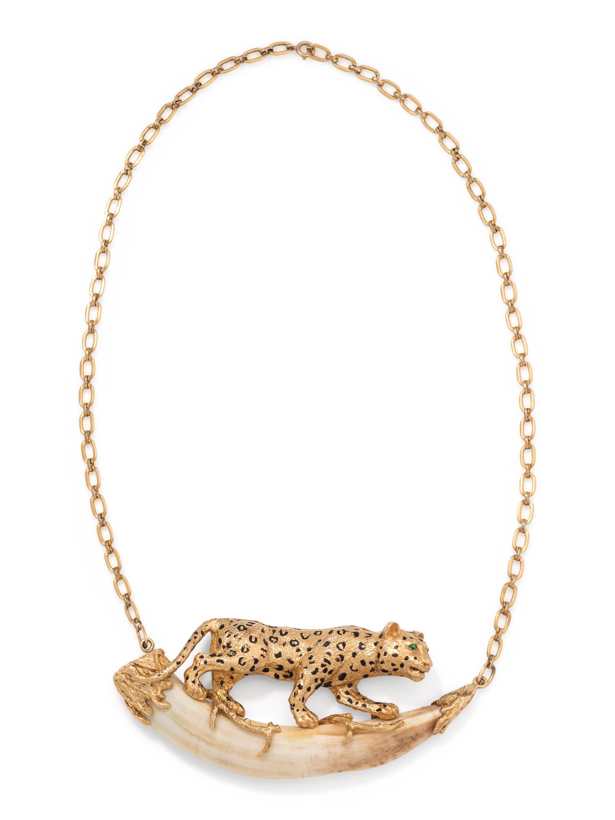 YELLOW GOLD AND TUSK LEOPARD NECKLACE