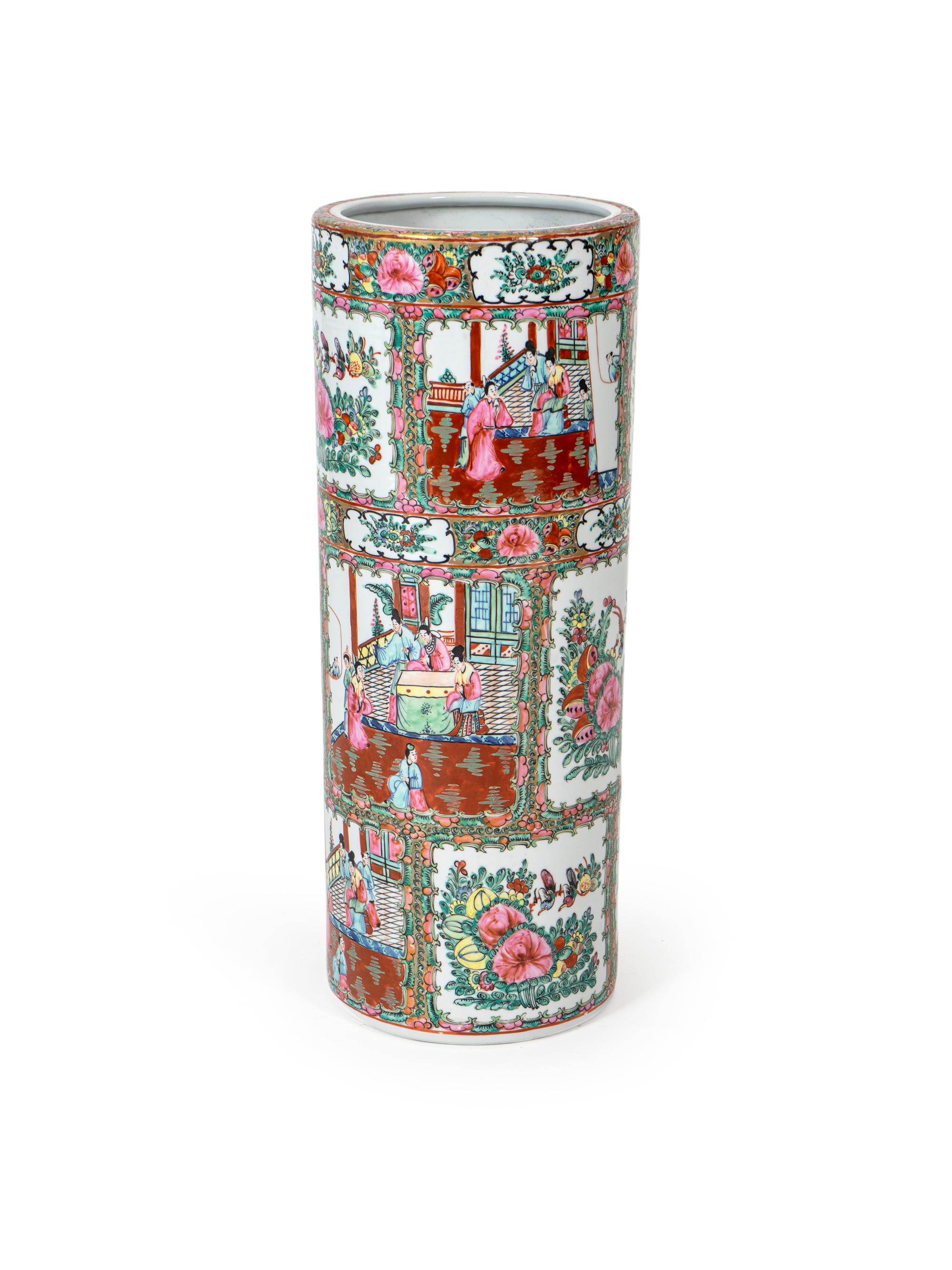 A Canton Porcelain Cylindrical Umbrella Stand — 20TH CENTURY
