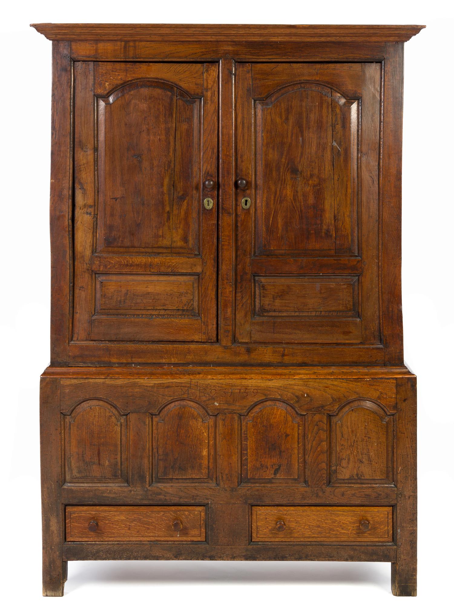 An English Oak Cabinet on Stand Height 72 1/2 x width 50 1/4 x depth 21 inches. — 19TH CENTURY