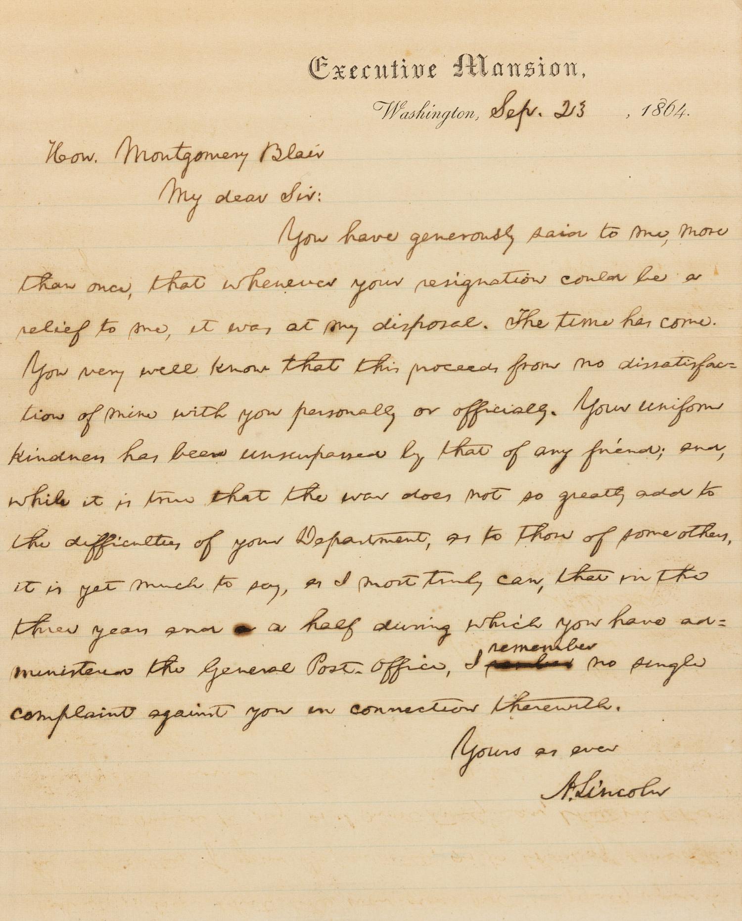 LINCOLN, Abraham (1809-1865). Autograph letter signed ("A. Lincoln"), as President, to Montgomery Blair. Washington, D. C., September 2