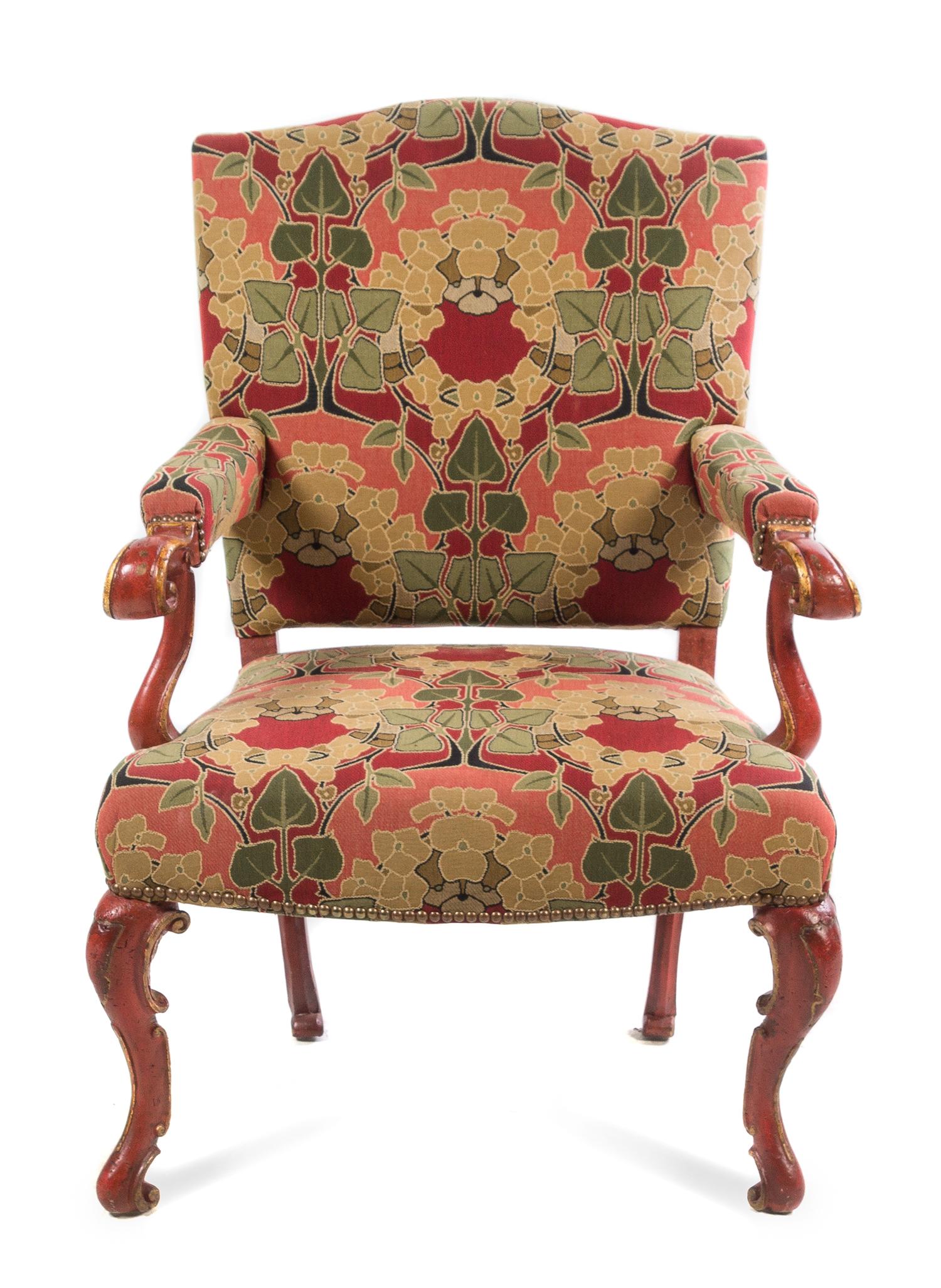 A Venetian Red Lacquered and Parcel Gilt Fauteuil Height 38 3/4 inches. — 19TH CENTURY