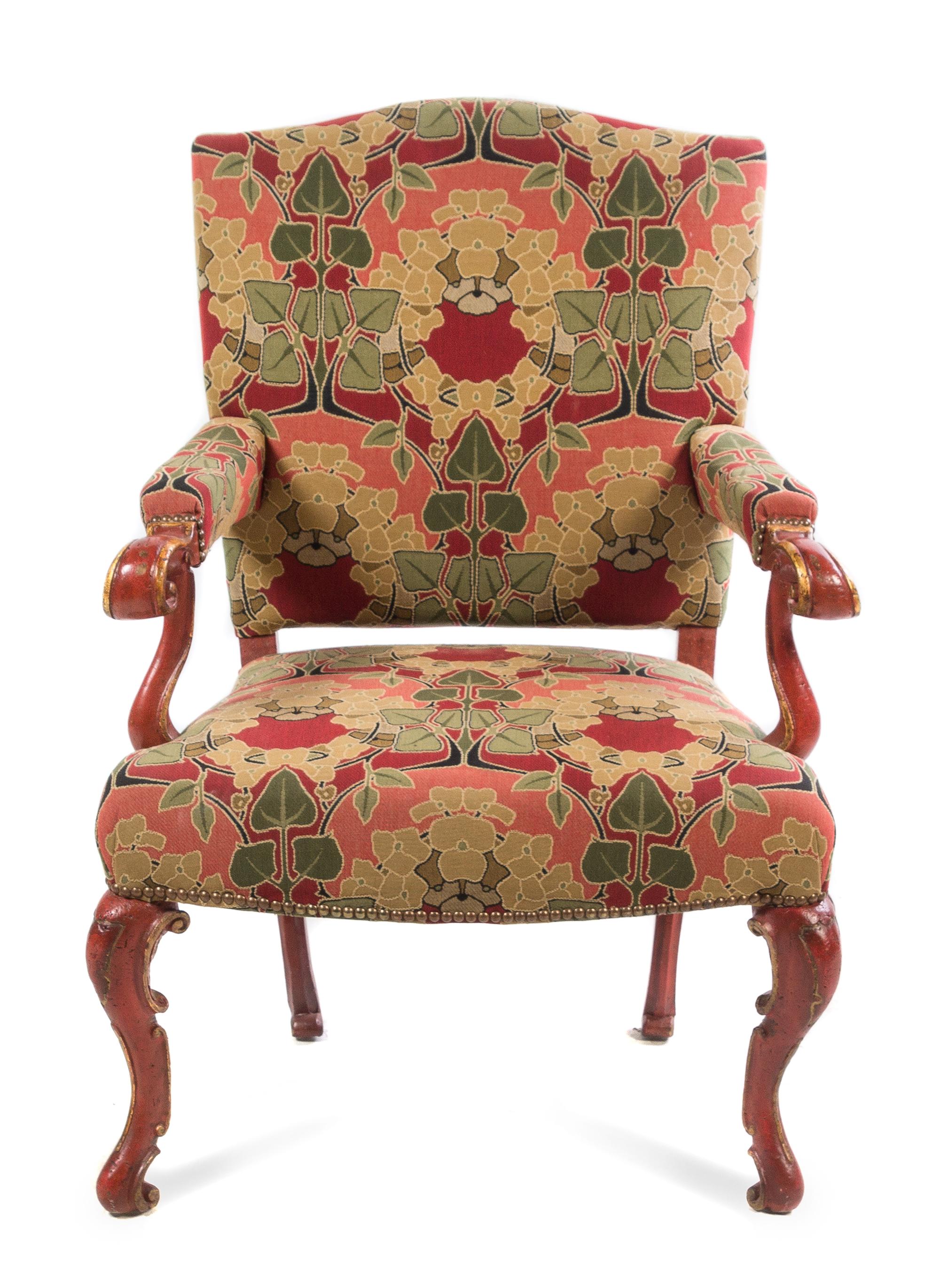 A Venetian Red Lacquered and Parcel Gilt Fauteuil Height 38 3/4 inches. — 19TH CENTURY