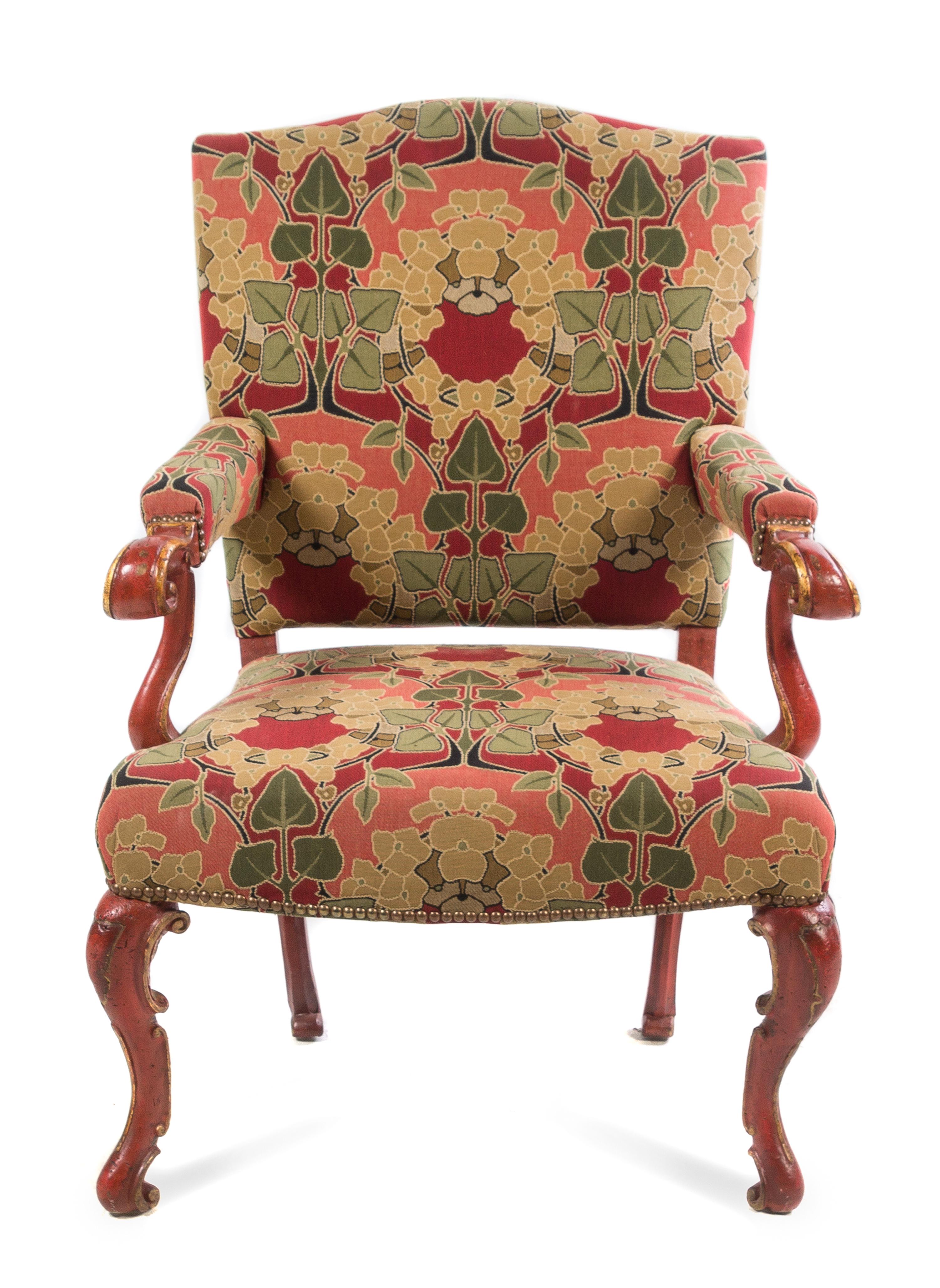 A Venetian Red Lacquered and Parcel Gilt Fauteuil Height 38 3/4 inches. — 19TH CENTURY