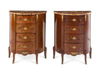 A Pair of Louis XV/XVI Transitional Style Marquetry Marble-Top Side Cabinets