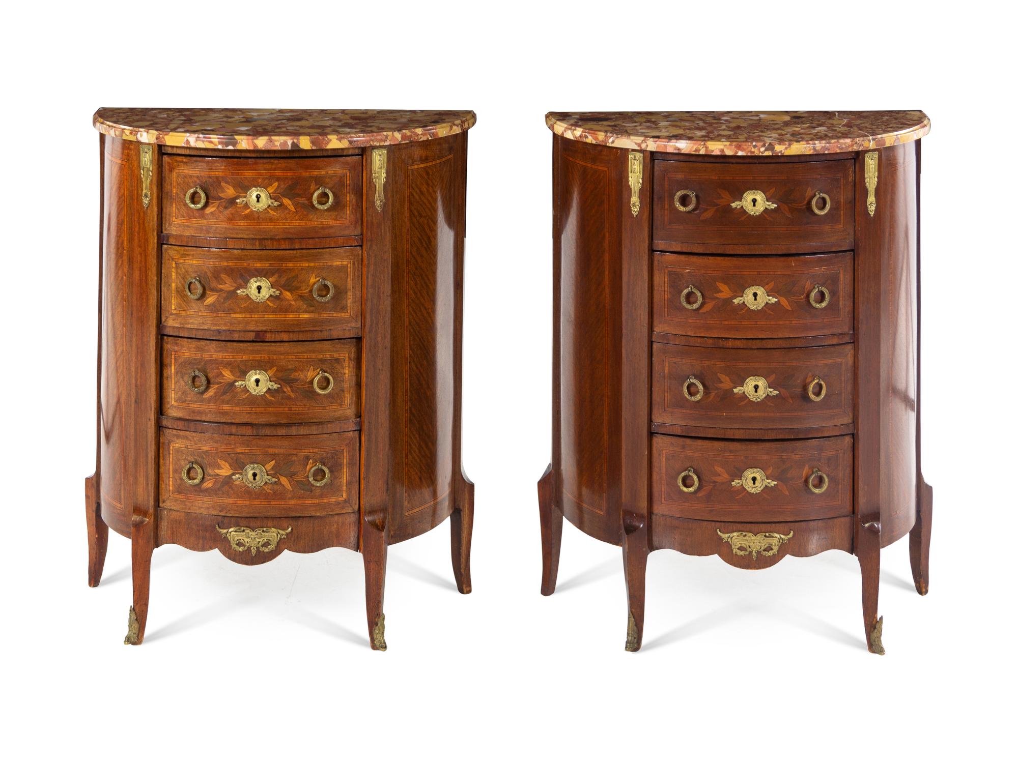 A Pair of Louis XV/XVI Transitional Style Marquetry Marble-Top Side Cabinets