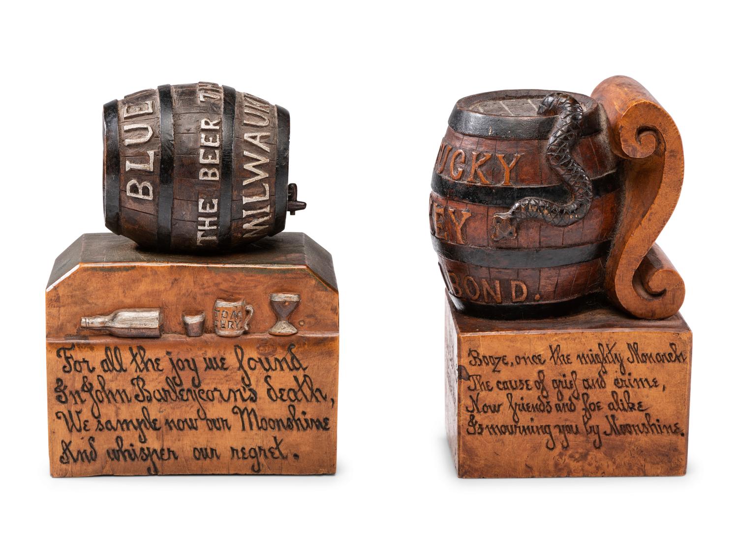 Two Prohibition Era 'John Barleycorn' Folk Art Carved Whiskey Barrels