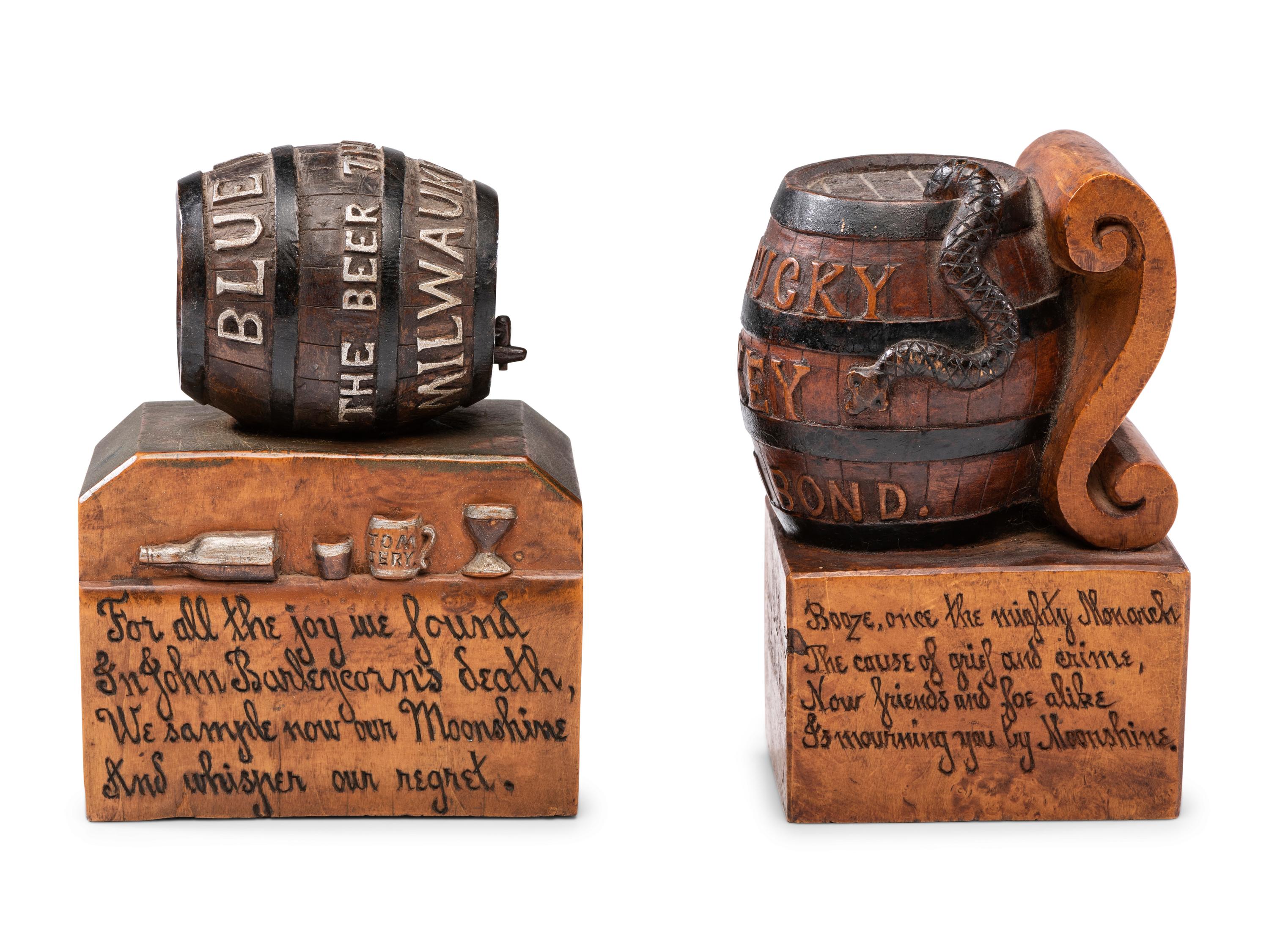 Two Prohibition Era 'John Barleycorn' Folk Art Carved Whiskey Barrels