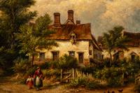 A Woman and a Child Walking Beside a Cottage