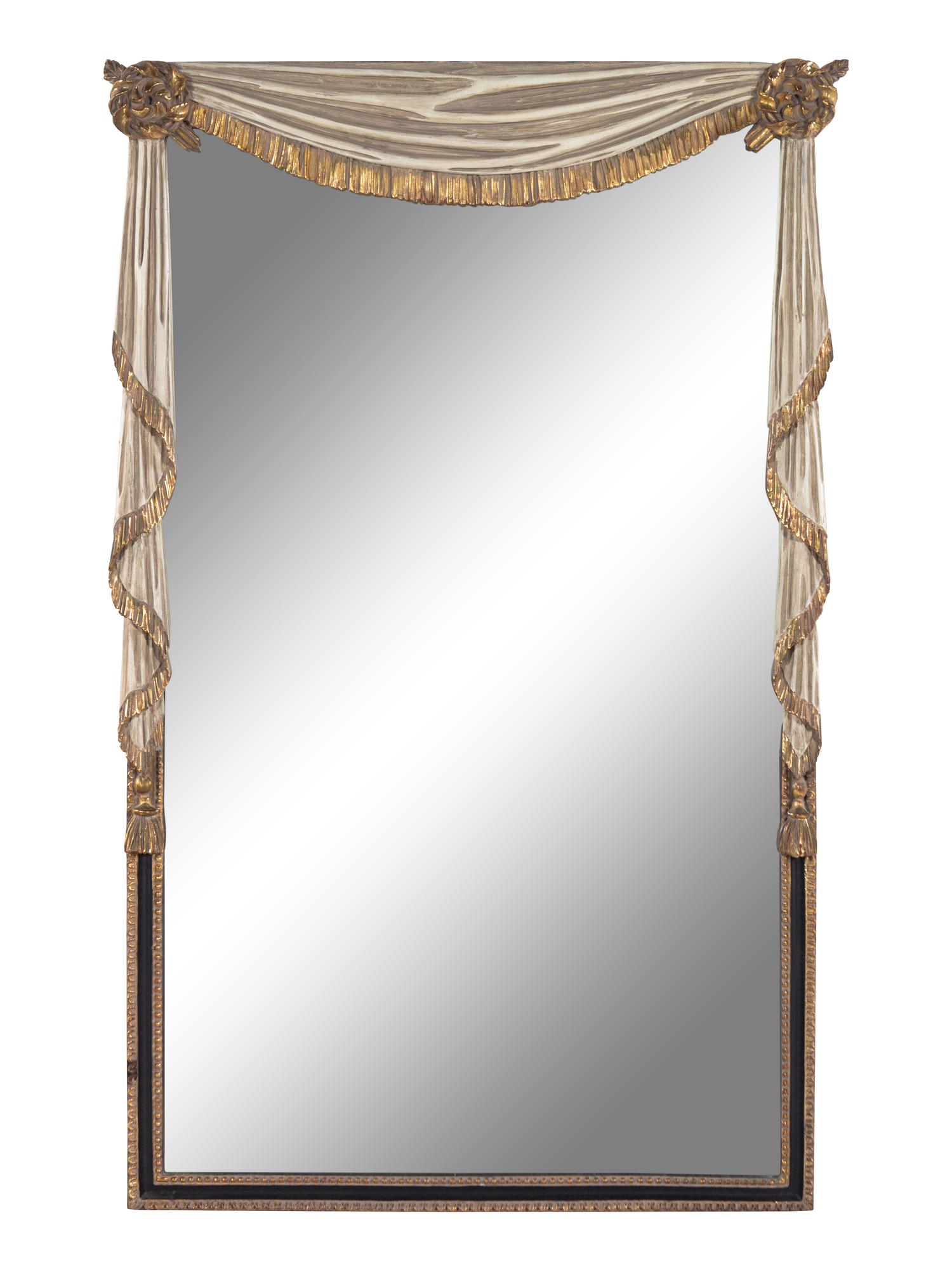 A White Painted and Parcel Gilt Trompe L'Oeil Mirror with Swagged Drapery