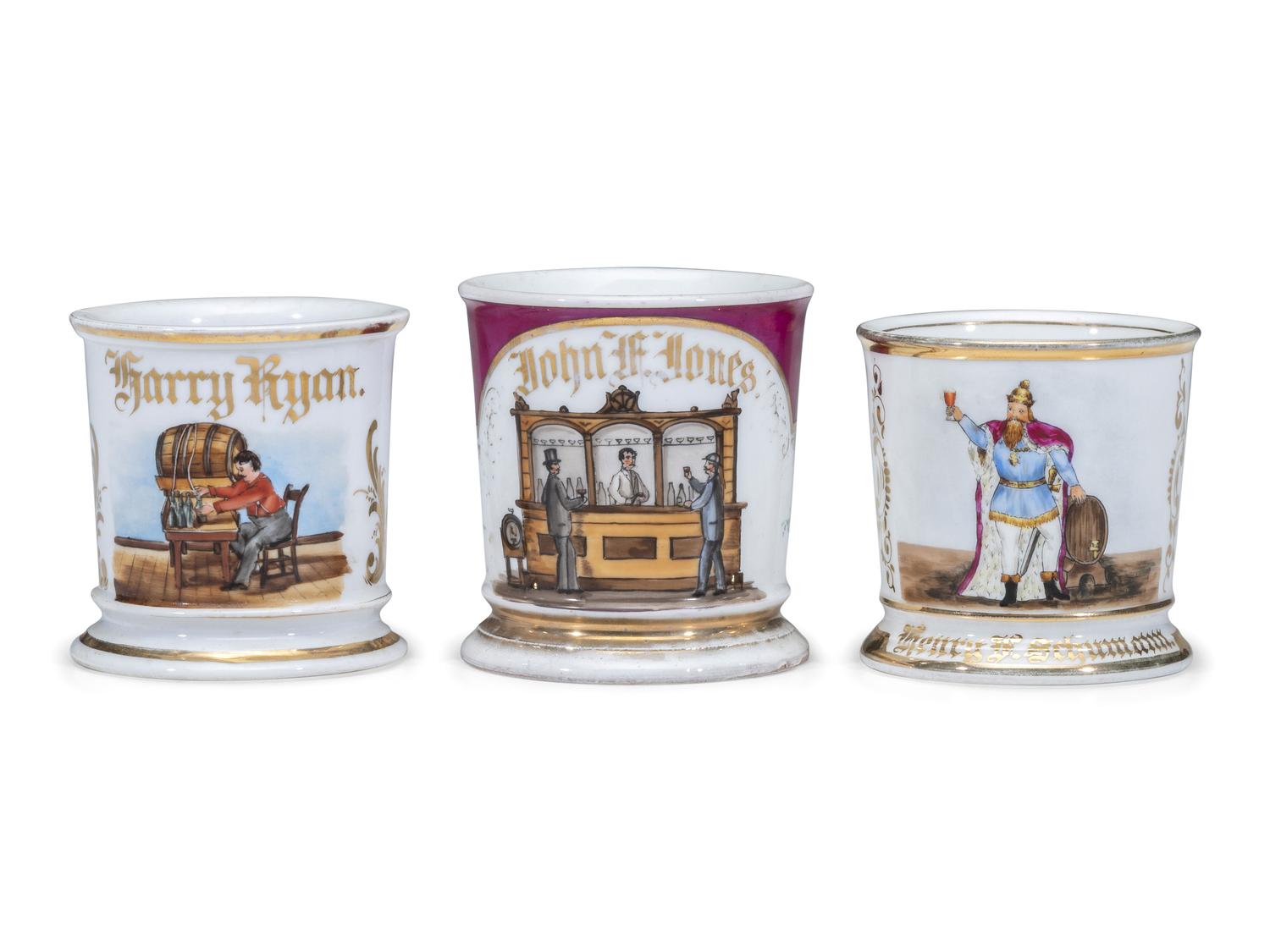 Three Alcohol-Related Porcelain Occupational Shaving Mugs