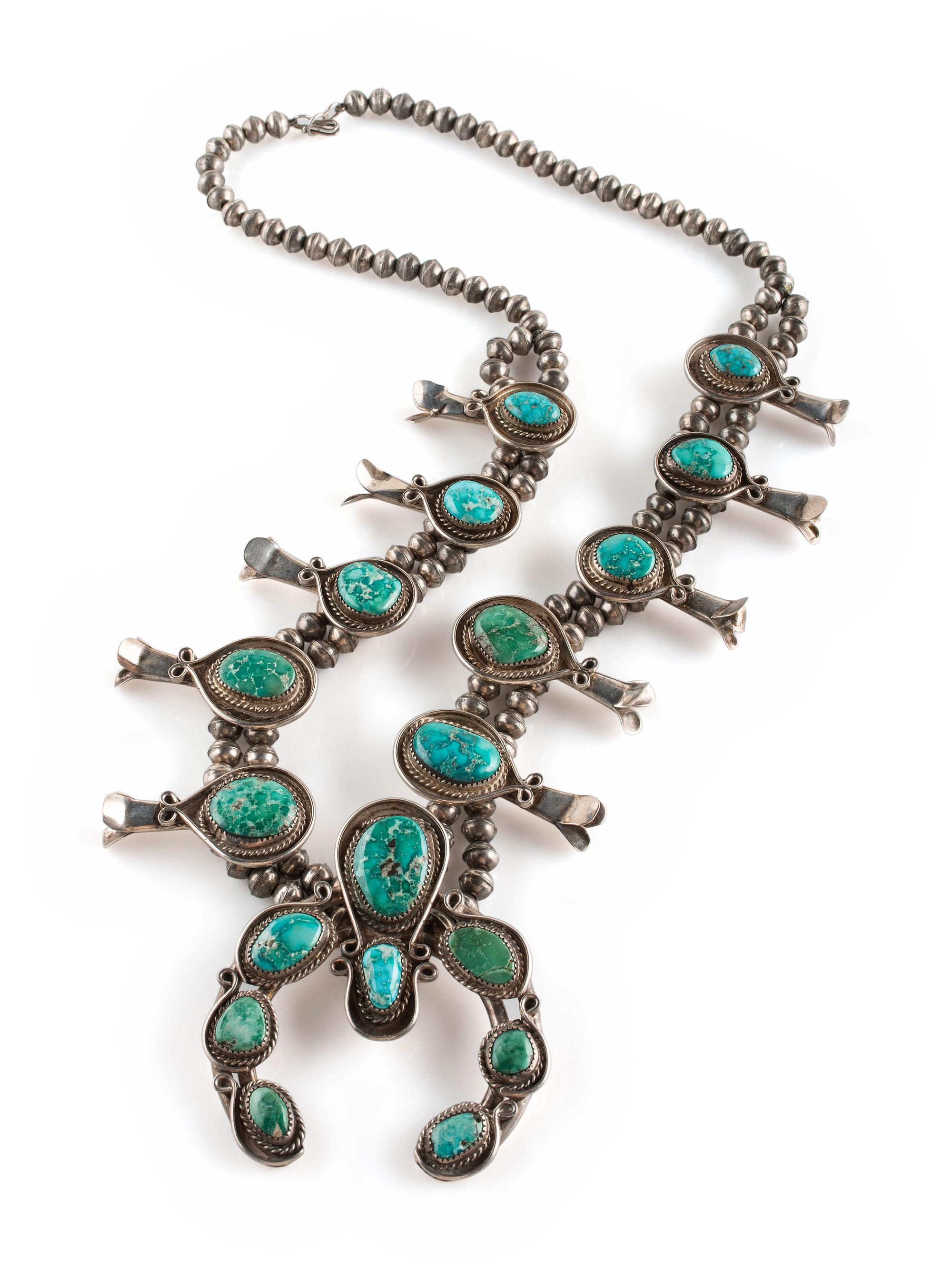 Navajo Silver and Turquoise Squash Blossom Necklace