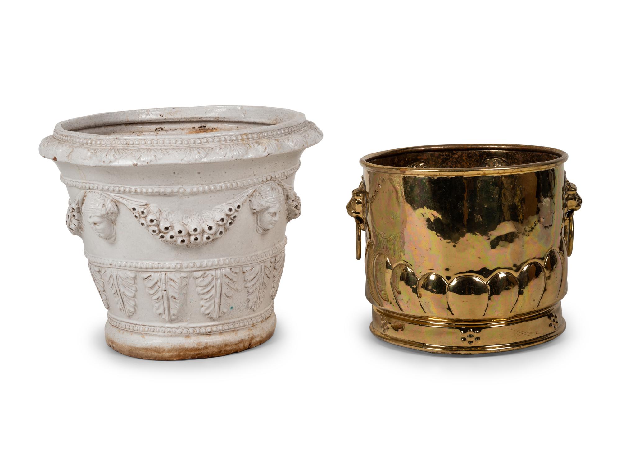 A White Glazed Pottery Jardinière and a Brass Jardinière