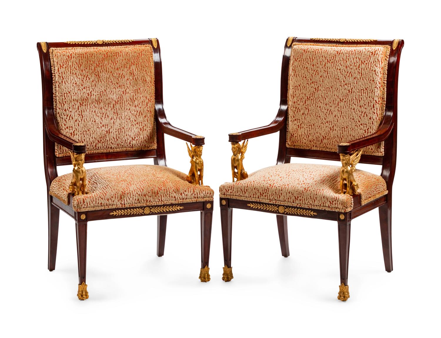 A Pair of Empire Style Gilt-Bronze-Mounted Mahogany Fauteuils