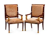 A Pair of Empire Style Gilt-Bronze-Mounted Mahogany Fauteuils