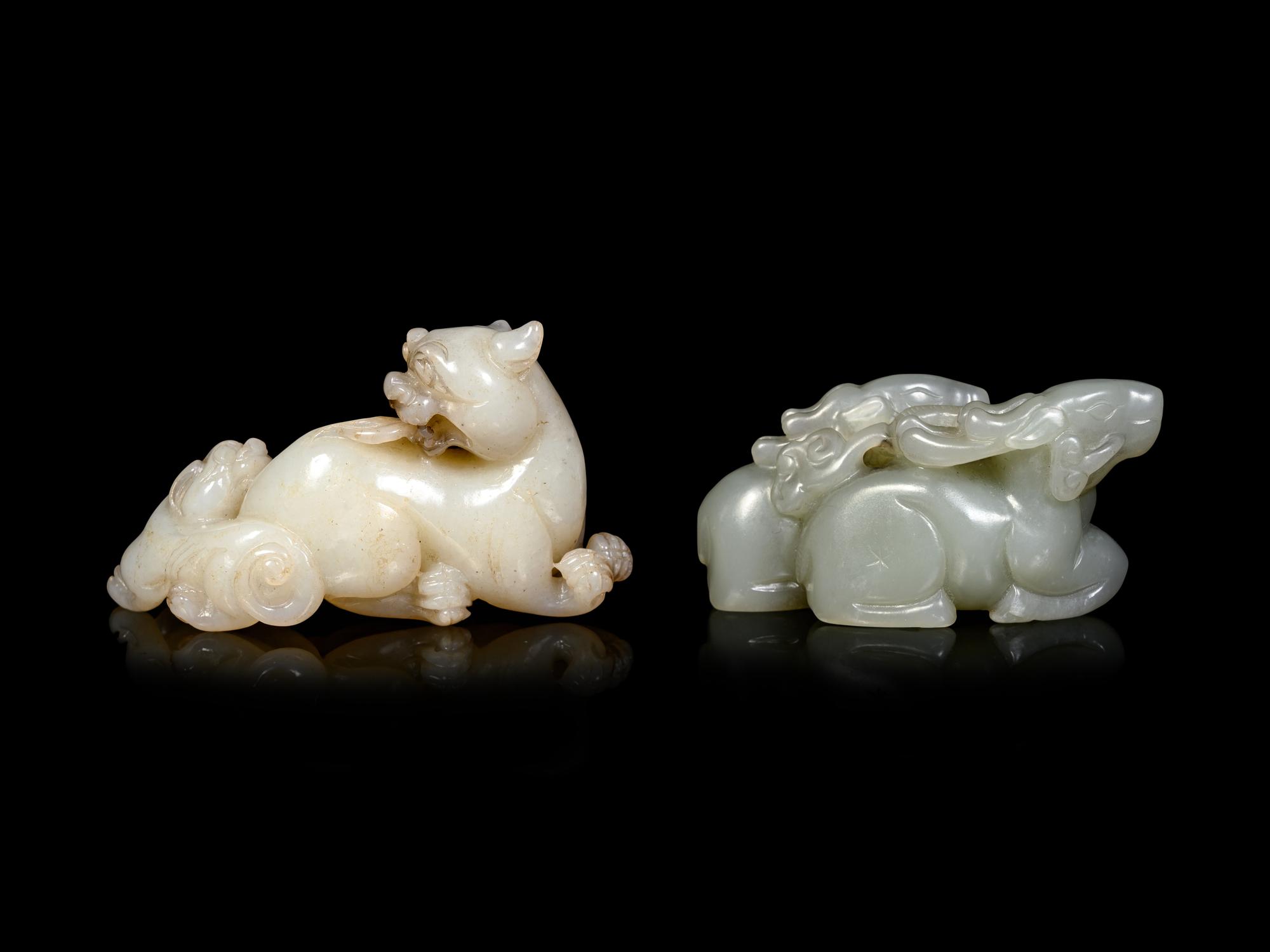Two Chinese Celadon Jade Carvings of Mythical Beasts