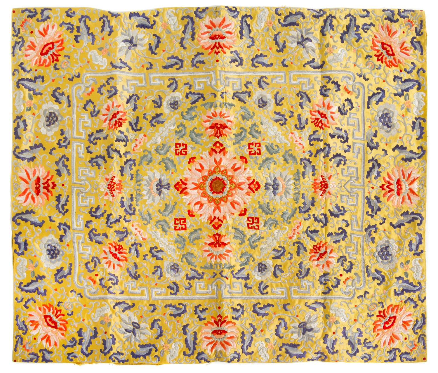 A Chinese Yellow Ground Embroidered Silk Kang Cover Length 33 3/4 x width 29 1/4 inches. — 18TH/19TH CENTURY