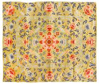 A Chinese Yellow Ground Embroidered Silk Kang Cover Length 33 3/4 x width 29 1/4 inches. — 18TH/19TH CENTURY