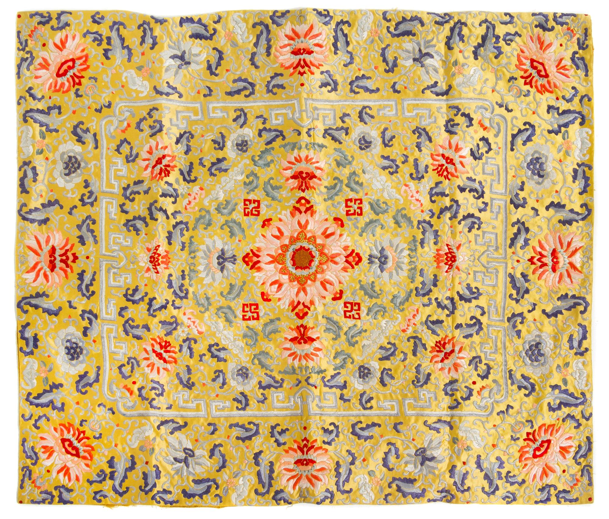 A Chinese Yellow Ground Embroidered Silk Kang Cover Length 33 3/4 x width 29 1/4 inches. — 18TH/19TH CENTURY