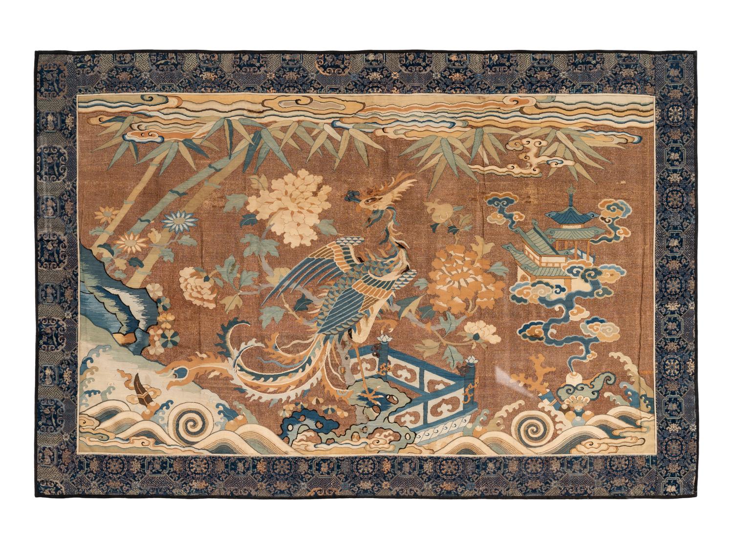 A Brown Ground Kesi Woven Silk 'Phoenix' Panel