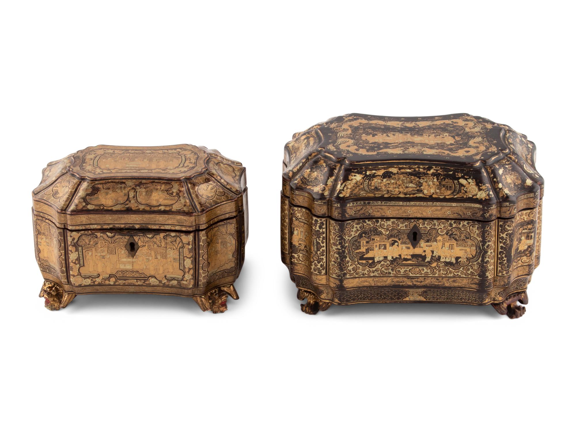 Two Chinese Export Lacquered Tea Caddies