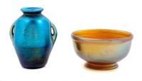 Tiffany Studios, America, Early 20th Century, A Blue Handeled Vessel with a Gold-Tone Bowl