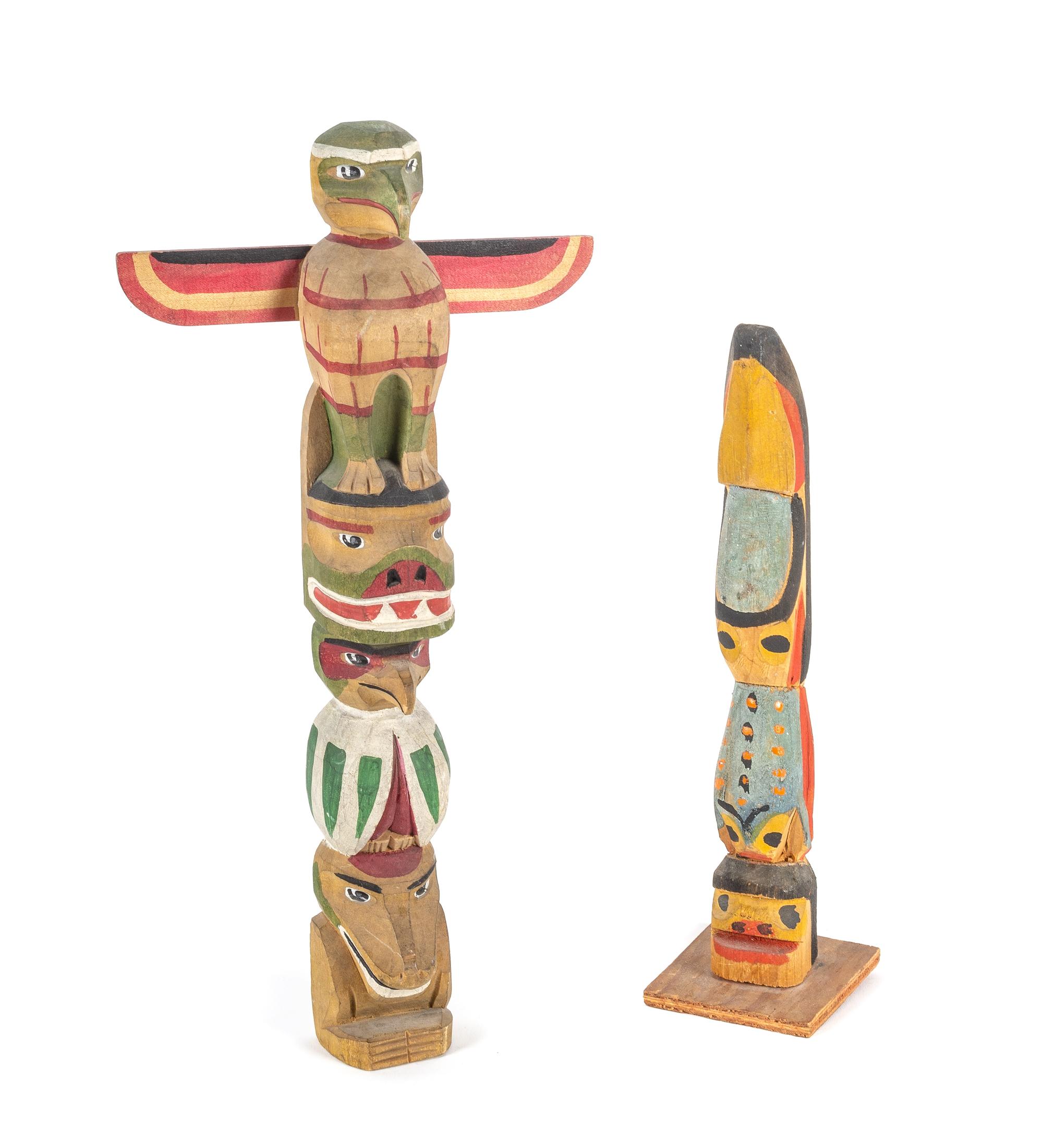 Two Miniature Northwest Coast Totem Poles Height of largest 14 inches