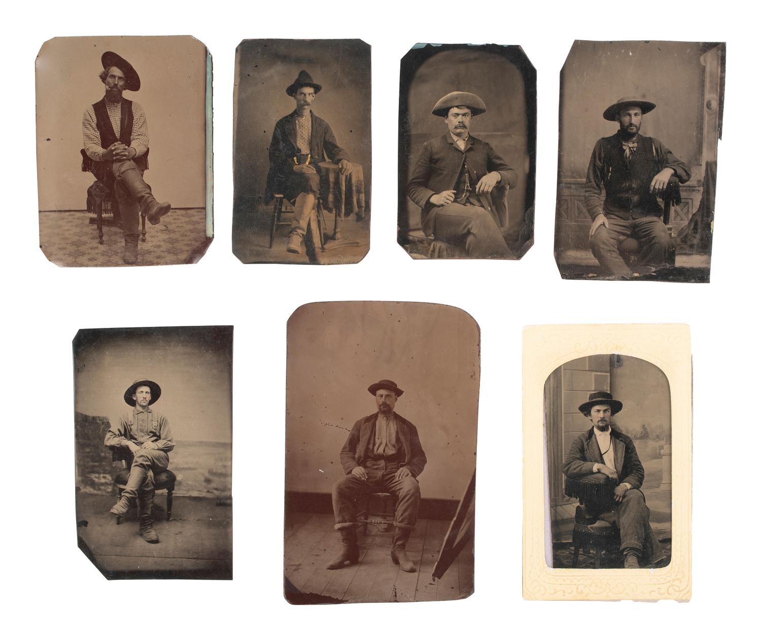 [WESTERN AMERICANA]. 8 tintypes of cowboys, one armed with a revolver.