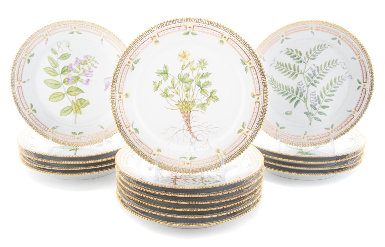 Seventeen Royal Copenhagen Flora Danica Salad Plates Diameter 8 3/4 inches.