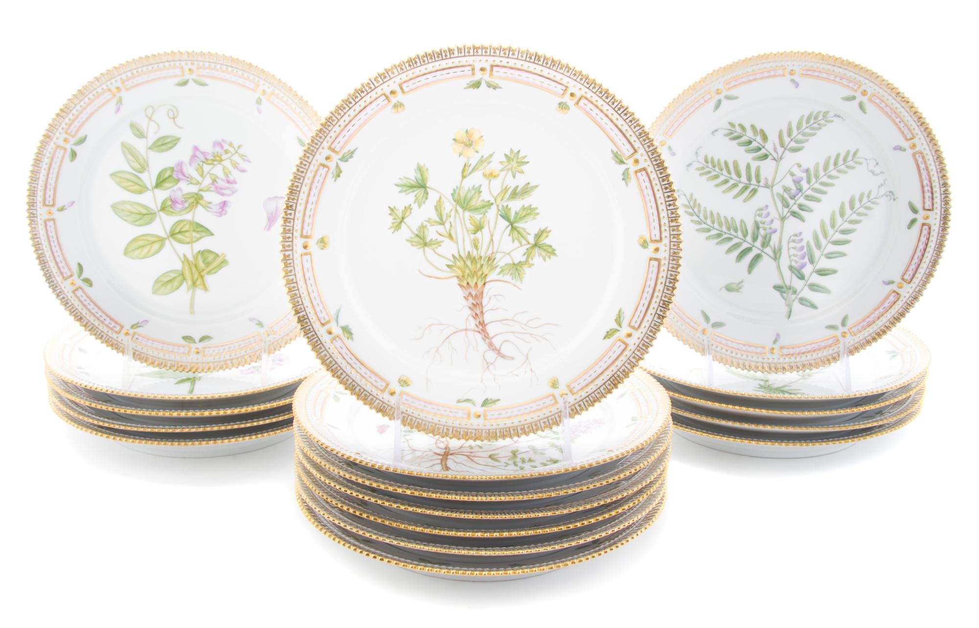 Seventeen Royal Copenhagen Flora Danica Salad Plates Diameter 8 3/4 inches.