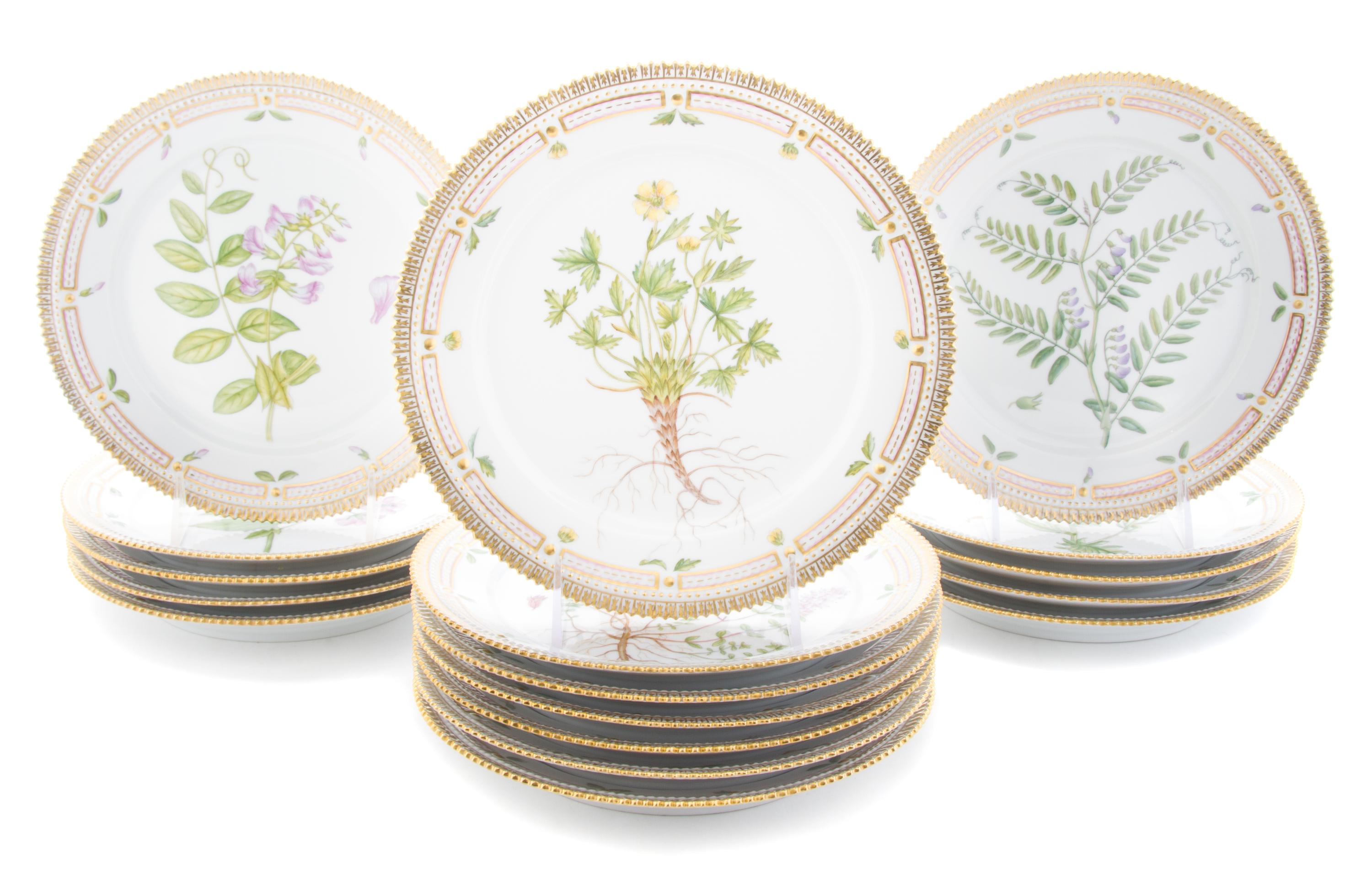 Seventeen Royal Copenhagen Flora Danica Salad Plates Diameter 8 3/4 inches.