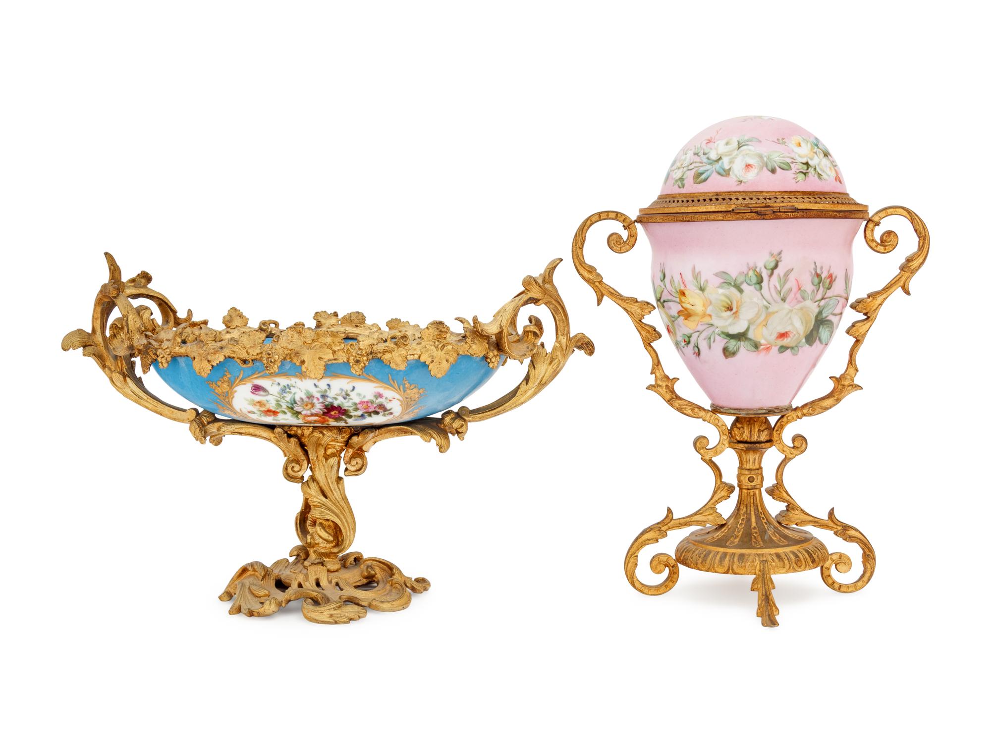 Two Sèvres Style Gilt Bronze Mounted Porcelain Articles