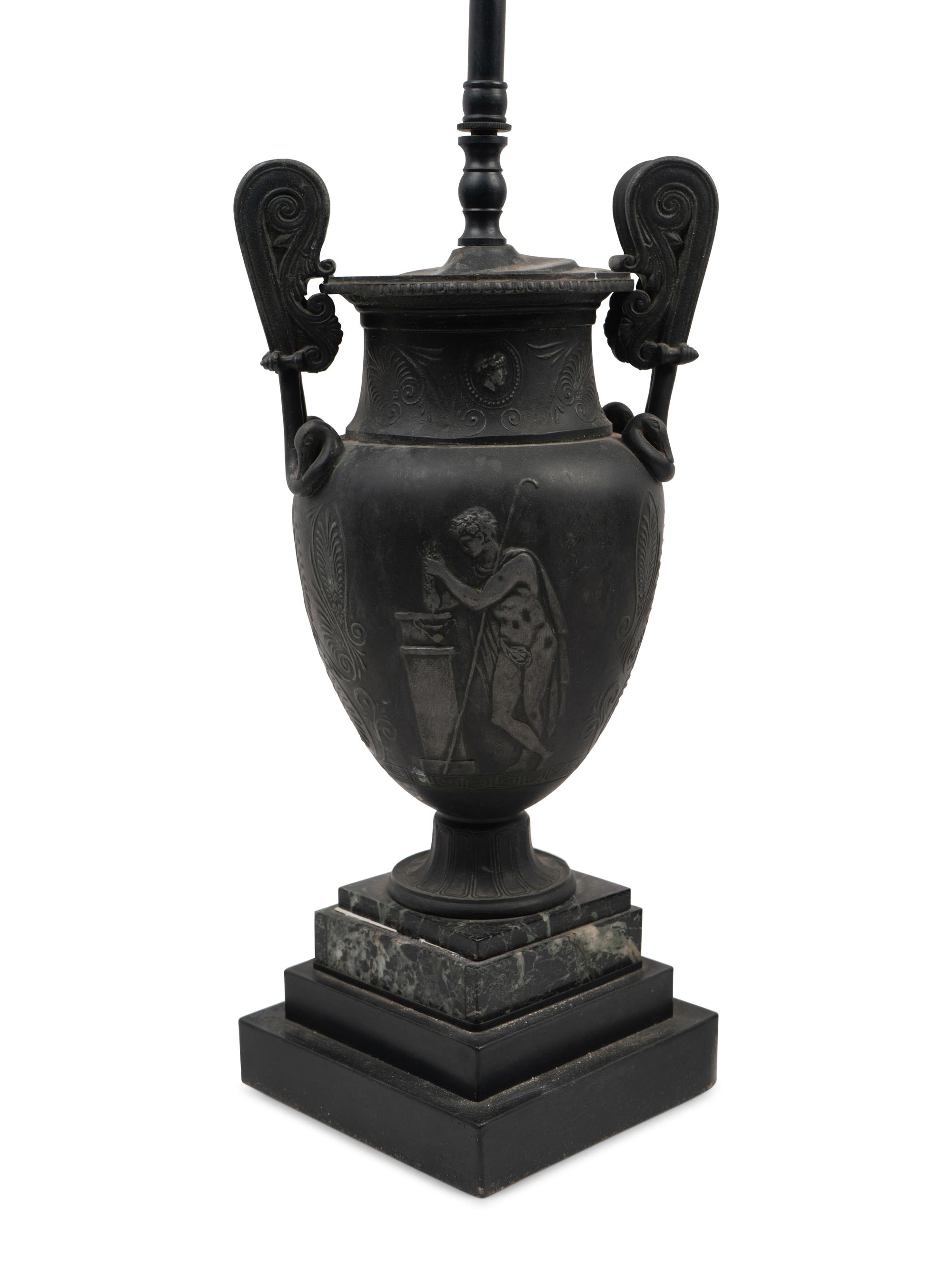 A Pair of Grand Tour Cast Metal Urns Mounted as Lamps with Marble Bases