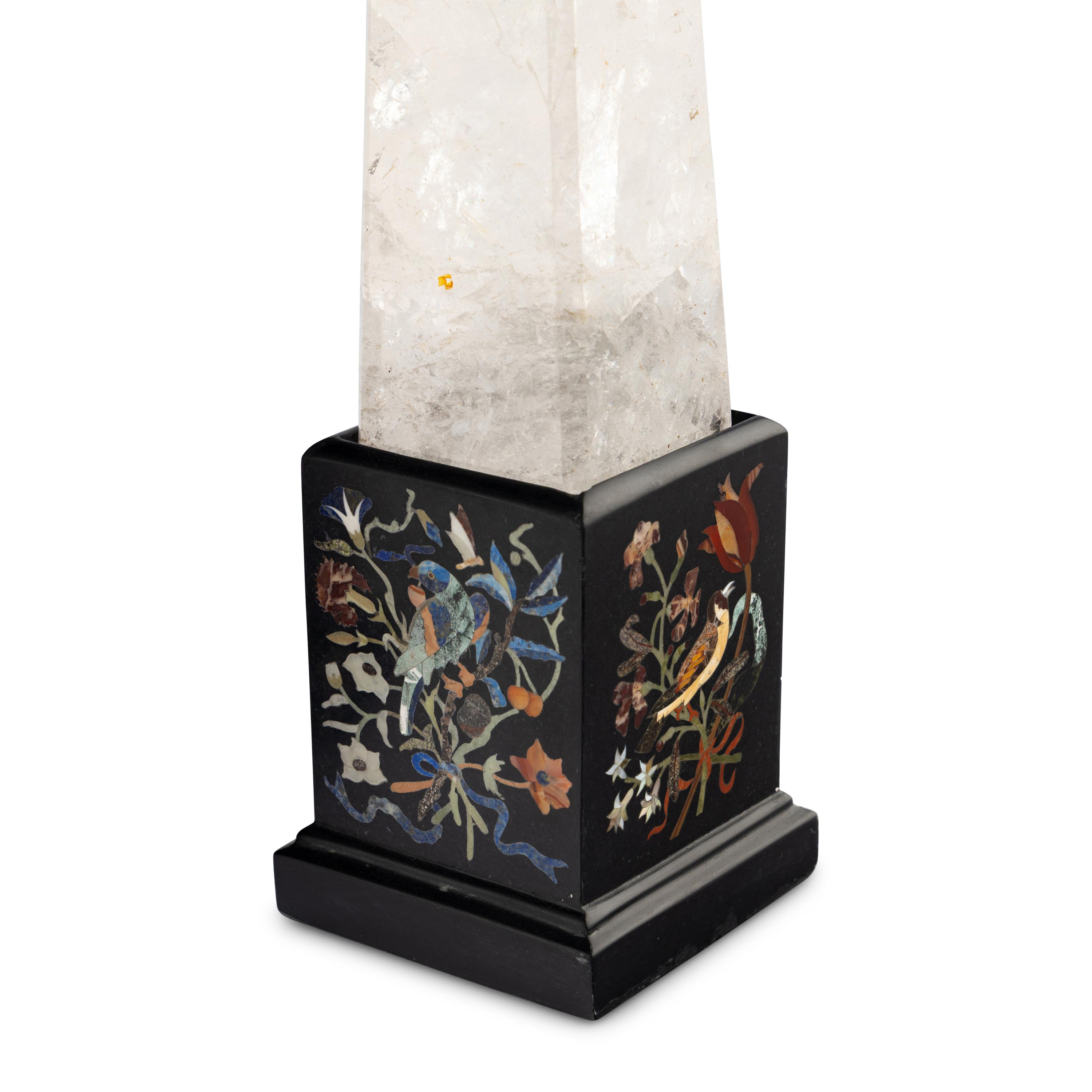A Pair of Neoclassical Style Rock Crystal and Pietra Dura Obelisks