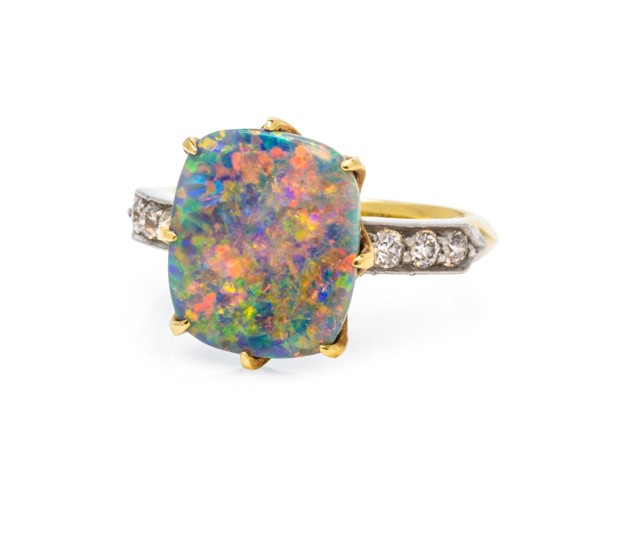An Edwardian Platinum Topped Gold, Black Opal and Diamond Ring, Tiffany & Co., Circa 1905, 2.70 dwts.