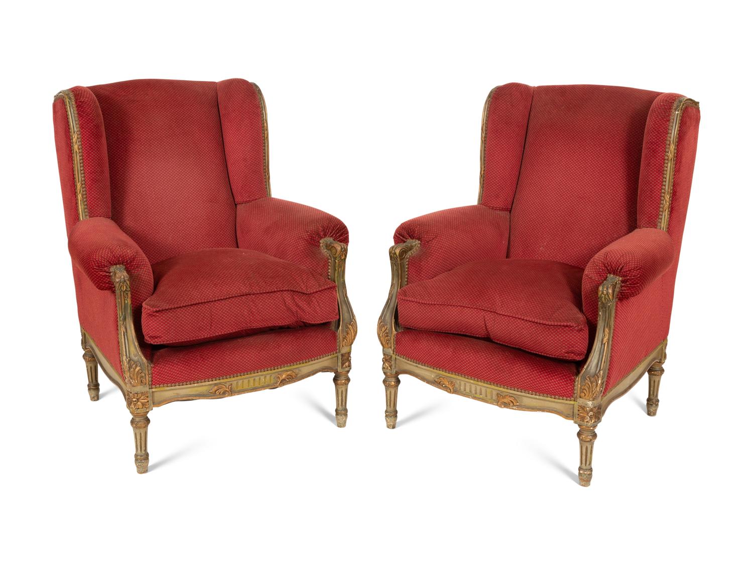 A Pair of Louis XVI Style Painted and Parcel Gilt Bergères à Oreille Attributed to Maison Jansen