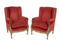 A Pair of Louis XVI Style Painted and Parcel Gilt Bergères à Oreille Attributed to Maison Jansen