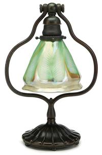 Bronze and favrile glass harp desk lamp tiffany studios, new york, ny