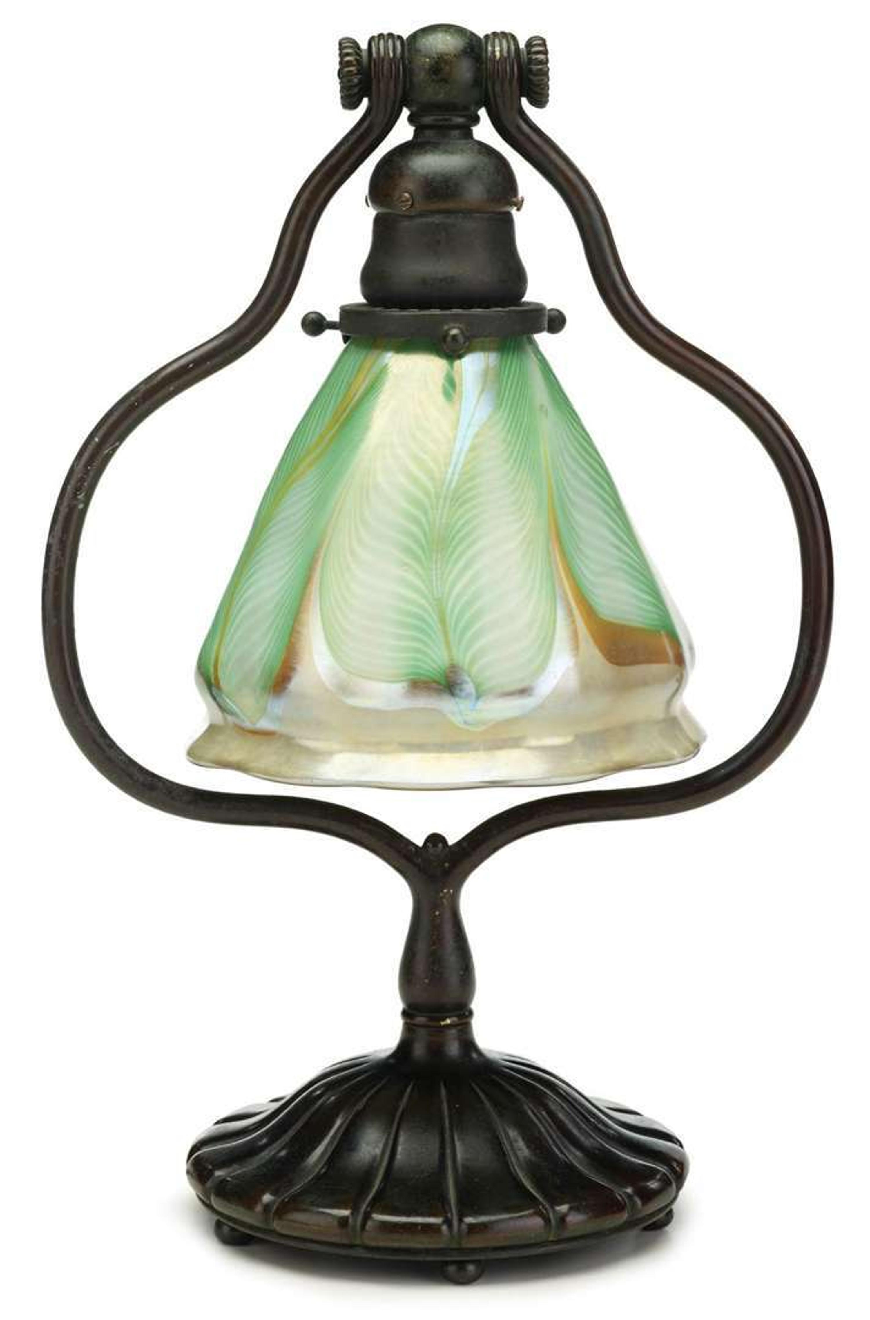 Bronze and favrile glass harp desk lamp tiffany studios, new york, ny