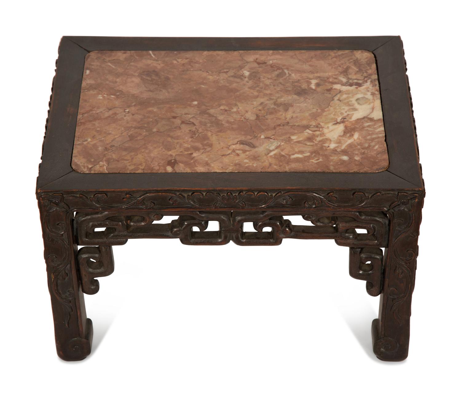 A Pair of Chinese Mother-of-Pearl Inlaid Marble Top Side Tables and a Smaller Low Table