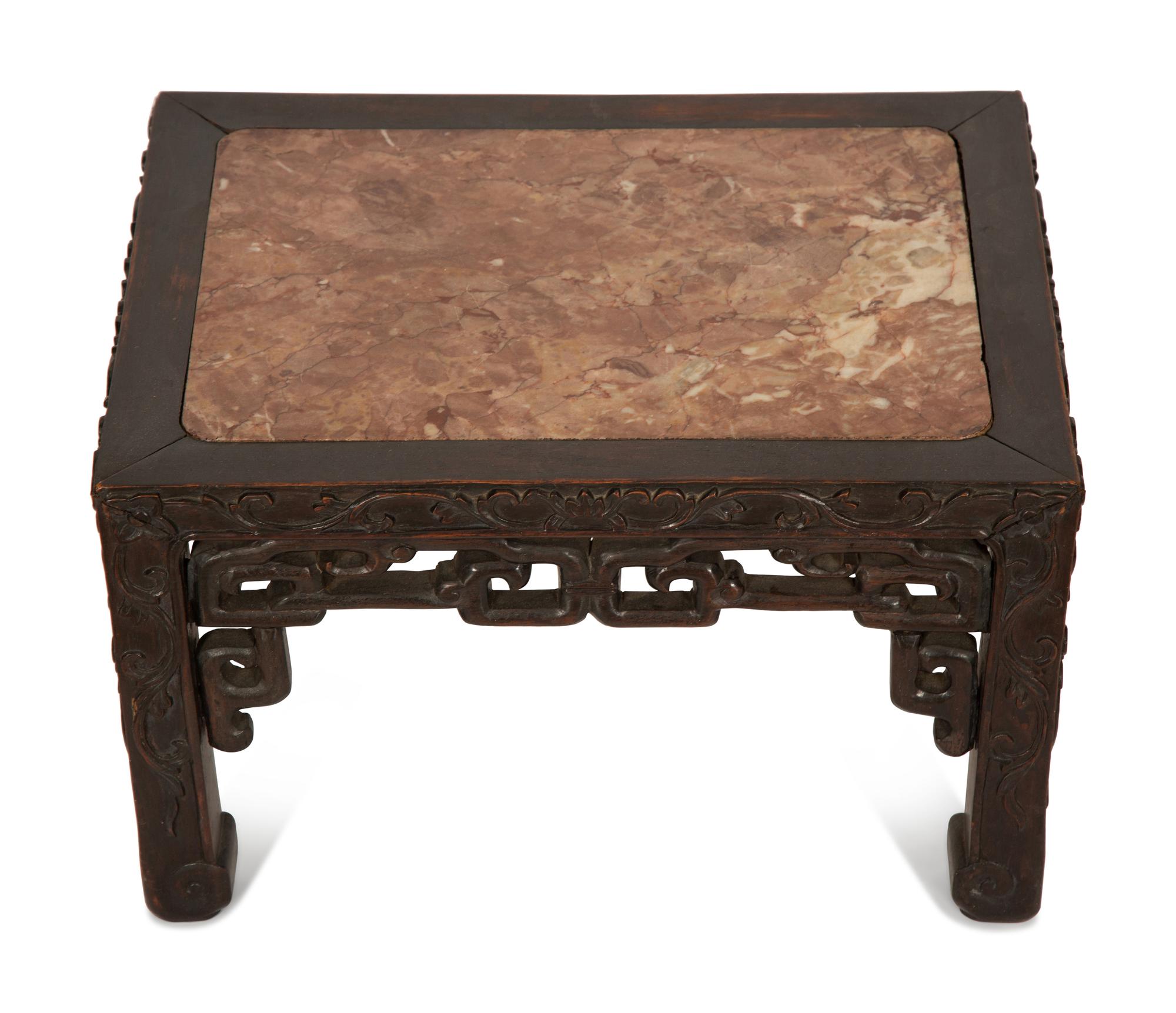 A Pair of Chinese Mother-of-Pearl Inlaid Marble Top Side Tables and a Smaller Low Table