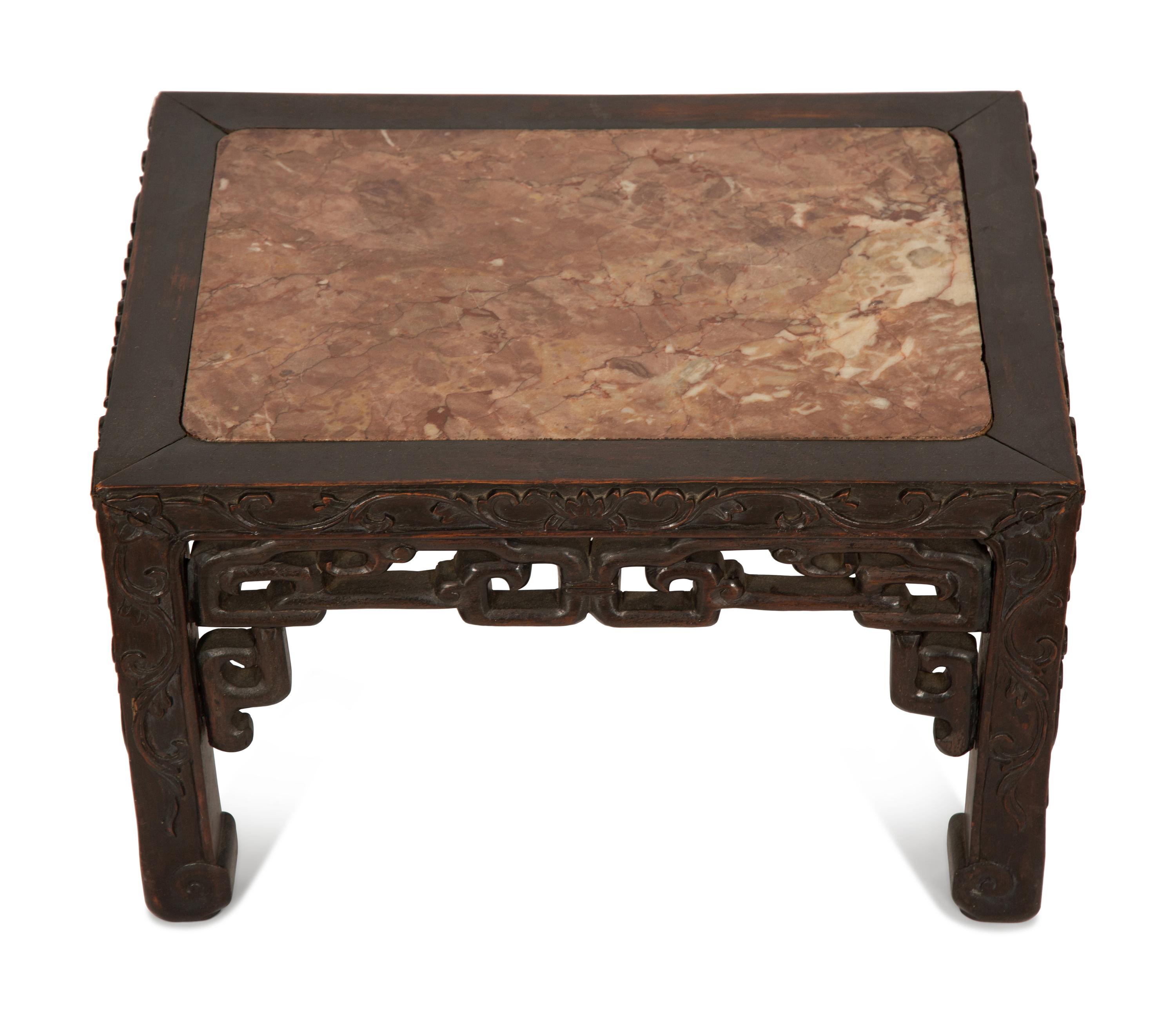 A Pair of Chinese Mother-of-Pearl Inlaid Marble Top Side Tables and a Smaller Low Table