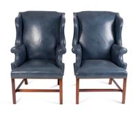 A Pair of George II Style Leather Upholstered Wingback Chairs — 19TH CENTURY