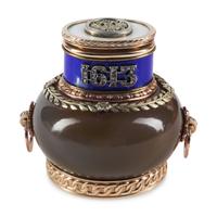 A 14-Karat Gold, Guilloché Enamel and Diamond Mounted Agate Jar