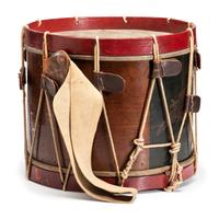 Civil War painted US regulation eagle drum with sticks. Manufactured by C.M. Zimmerman, Philadelphia, PA.