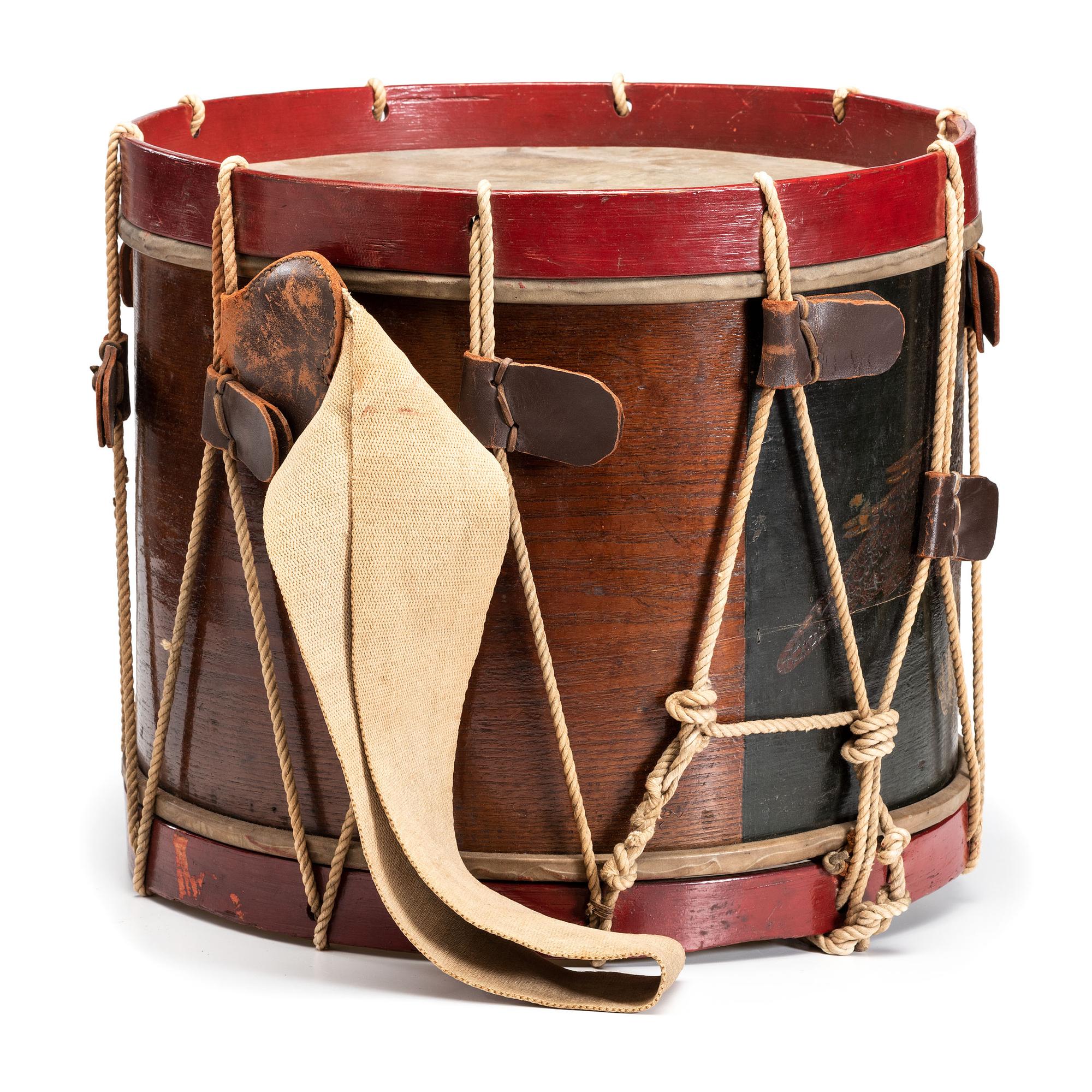 Civil War painted US regulation eagle drum with sticks. Manufactured by C.M. Zimmerman, Philadelphia, PA.